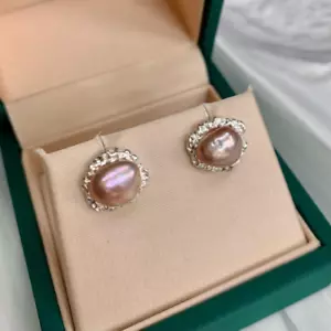Sterling Silver Freshwater Pink Pearl Stud Earrings, Real Keshi Freshwater pearl - Picture 1 of 5