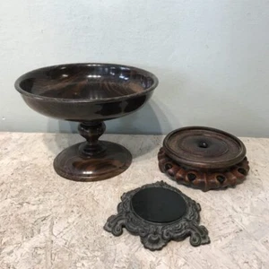 3x Etagere Sockel Holz Metall Konvolut Fußschale Edelholz geschnitzt antik alt - Picture 1 of 12