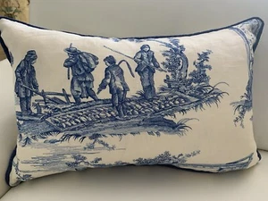 CUSTOM Pillow Cover STROHEIM Linen French Toile country LUMBAR Blue White 14x21 - Picture 1 of 6