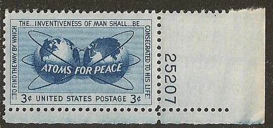 US 1070 Atoms for Peace 3c plate single LR 25207 MNH 1955 - Image 1 of 1