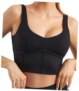 Women Built in Bra Corset Padded Sports Bra Open Back Long line Large Black 01 - Picture 1 of 7