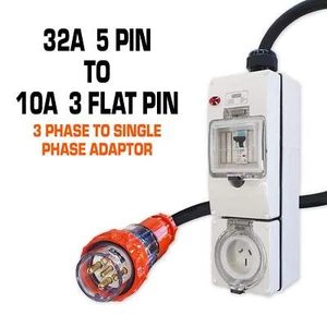 3 Phase to Single Phase Adaptor - 32A 5 Pin to 10A Flat Pin with RCBO - Picture 1 of 6