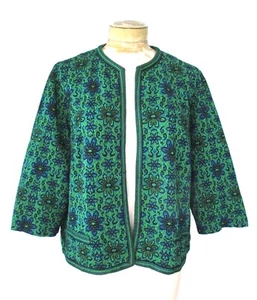 Vtg 50s 60s Blue Green Floral Knit MOB Open Front Cropped Secretary Jacket L/XL - Picture 1 of 7