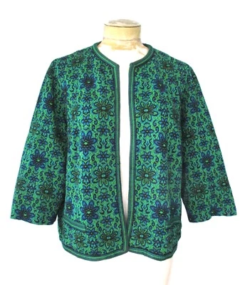Chaqueta Secretaria Recortada De Colección Años 50 60 Azul Verde Floral Tejida MOB Frente Abierto L/XL Foto 1 de 4