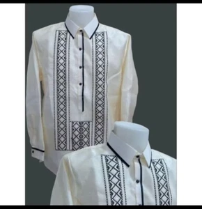 Barong tagalog per uomo (grande) collare sportivo con ricamo nero - Foto 1 di 5