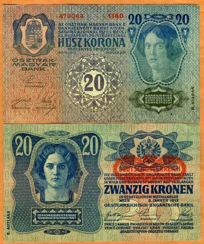 Austria, 20 Korona, 1913 (1919), P-53a aUNC 100 years old Cover