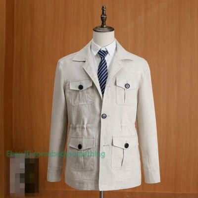 Linen Safari Jacket Men's British Retro Coat Hunting Coat Vintage Casual Jacket - Image 1 of 4
