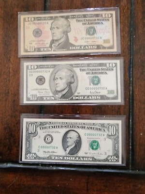 3 $10 bills low serial numbers same serial number 3 different years UNCIRCULATED - Image 1 of 2