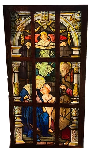 ANTIQUE STAINED LEADED KILN FIRED HANDPAINTED WINDOW, the HOLY FAMILY, 1900 Cover