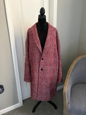 zara man XL Red/cream Plaid Long Trench Coat Cotton,wool,polyester Pockets - Image 1 of 4