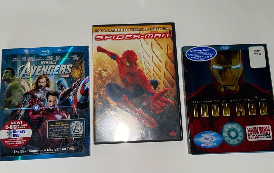 Marvel Movie Lot Iron Man Blu-ray Avengers Blu-ray DVD Spider-Man Set 3 Films - Image 1 of 4