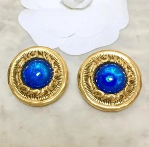 Chanel Authentic earrings blue stone gold color chain vintage Diameter 2.9cm C01 - Picture 1 of 4