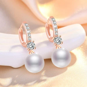 Rose Gold Plated Pearl Drop Earrings Zircon Studded Korean Style - Foto 1 di 3
