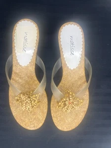 Matisse Y2K Kitten Heel Nude Boho Wood Beaded Cork Flip Flop Thong Sandal Size 7 - Picture 1 of 5