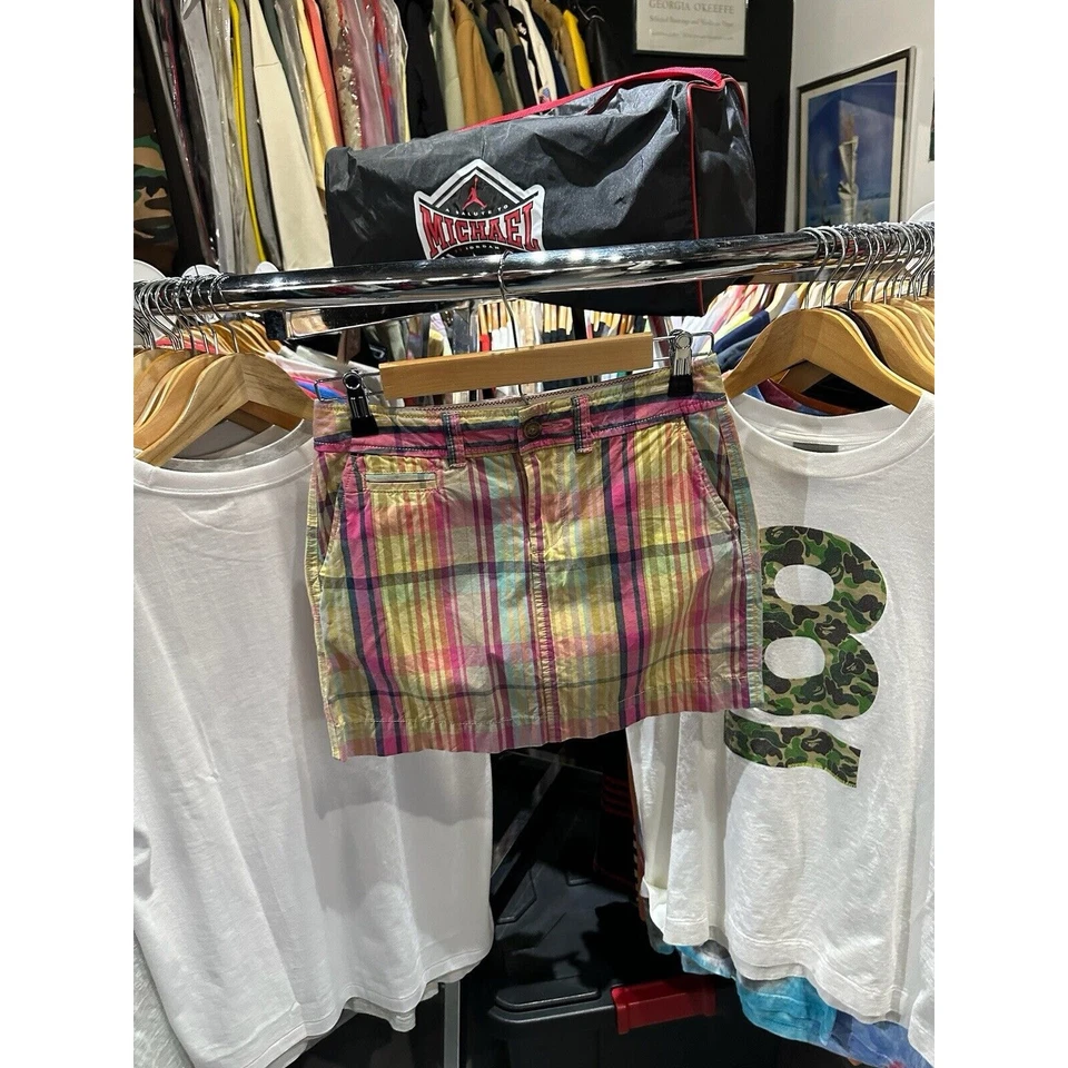 Retro Y2K Antiguo Azul Marino Rosa Amarillo Multicolor Cuadros Preppy Micro Mini Falda Talla 0 Foto 1 de 4
