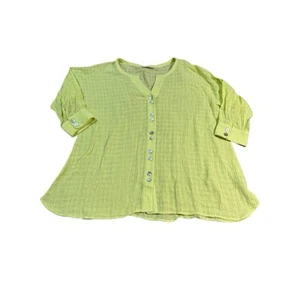 Top túnica suave envolvente gasa amarillo/verde abotonada lino algodón talla pequeña - Imagen 1 de 5