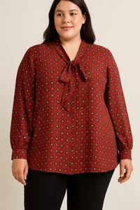 Blusa Denim 24/7 Roja Geo Estampado Pajarita Mujer 24W Manga Larga Botón Frontal Plus - Imagen 1 de 10