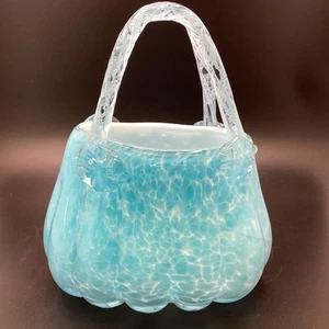 Hand Blown Murano Style Blue & White Spotted Art Glass Handbag Vase (3C) MO#8766 - Picture 1 of 8