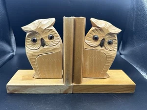 Vintage Owl Handmade Hand Carved Wooden Bookends Book Ends w/ Felt Bottoms - Picture 1 of 11