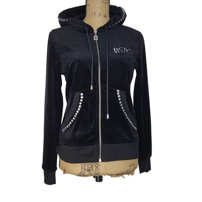 Sudadera con capucha vintage de terciopelo negro Y2K BCBGMaxazria con tachuelas plateadas y bordados talla M Foto 1 de 4