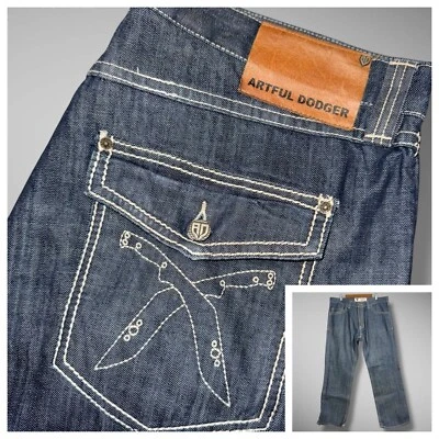 Pantalones de mezclilla Artful Dodger para hombre 40x34 azul lavado oscuro holgados daga bordada Y2K de colección Foto 1 de 4