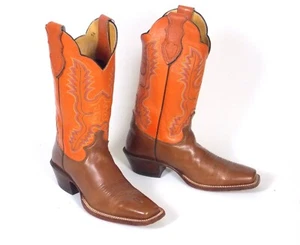 Botas de Vaquero Justin Roper - Wm's 8B punta cuadrada doblada riel marrón naranja excelentes - Imagen 1 de 12