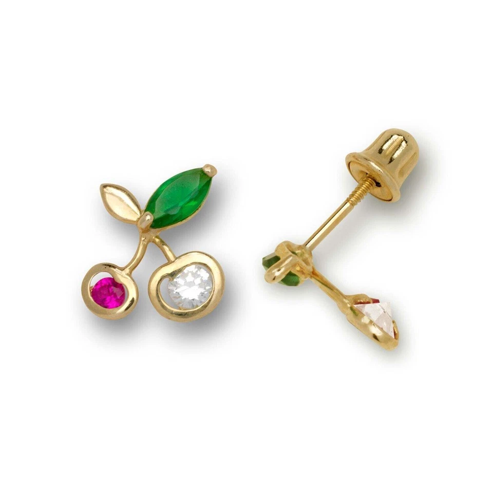Aretes de oro amarillo de 14 quilates con rubí y cereza esmeralda tornillo para mujer Foto 1 de 1