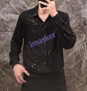 Camisa negra con diseño de lentejuelas para hombre manga larga informal suelta blusa de estilista elegante - Imagen 1 de 26
