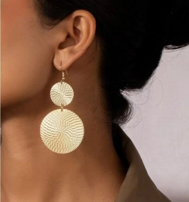 Womens Round Long Dangle Drop Decor Earrings Gold Metal Jewellery Summer Gift - Image 1 of 4