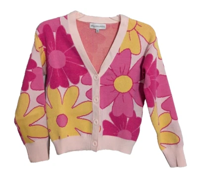 WILLOW & WIND Bold Pink Floral Long Sleeve V-Neck Cardigan Sweater XS Girly J2 - Image 1 of 4