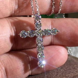 2.53 TCW Round Cut Moissanite Cross Pendant No Neckless In 14k White Gold Plated - Picture 1 of 10