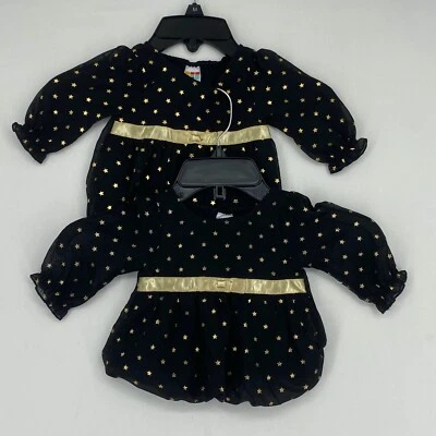 Healthtex Bebé Niñas 0 - 3 Meses Elegante Top Negro Dorado Metálico Estrellas 2 Piezas Gemelos Foto 1 de 4