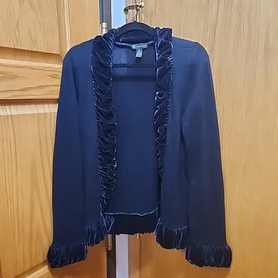 INC Black Silk Angora Rabbit Knit Rushed Velvet Trim Cardigan Sweater In XL - Image 1 of 4