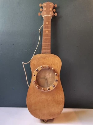 Vintage Wooden Guitar Wall Clock 26" Quartz Japan Rope Hanger Rustic Music Decor - Image 1 of 4