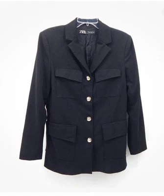 Chaqueta Blazer ZARA Para Mujer Negra Ajustada a Medida Botones Plateados Grande Foto 1 de 4