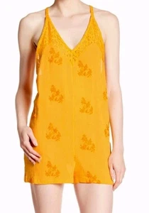 Free People Intimately Mustard Yellow Embroidered Cotton Overalls Romper Small - Picture 1 of 10