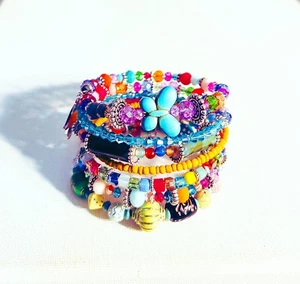 Boho Chic Zen Gypsy Hippie Colorful Artisan Memory Wire Wrap Cuff Bracelet - Picture 1 of 4