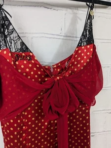 GUESS Vintage Red Dress 100% Silk Polka Dot Lace Trim Buttons Bows Womens Large - Picture 1 of 11