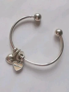 PANDORA Sterling Silver Bangle With Mother And Daughter Charms . R12M - Picture 1 of 7
