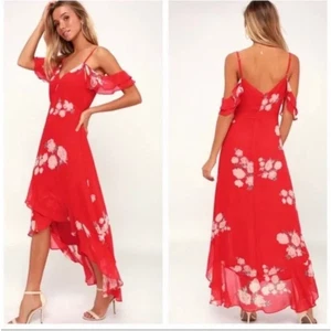 Lulus Red Floral Ruffle Spaghetti Strap Off Shoulder Love In Bloom Maxi Dress SM - Picture 1 of 5
