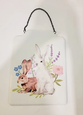 Rabbit Spring Floral Wall Tin Picture Nursery Garden Wall Decor 10" inch - Image 1 of 3