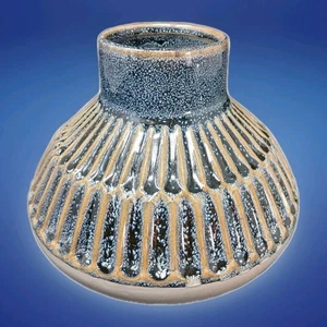 Vase blau gerippt Steinzeug glasiert - Bild 1 von 4