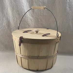 Handgefertigter Lamellenholz Obst Picknick Scheffel Korb Drahtgriff Deckel Lederverschlüsse - Bild 1 von 13