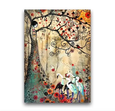 Tarjeta coleccionable de artista ACEO árbol diosa 2,5x3,5 pájaro bosque escena mini impresión artística Foto 1 de 3