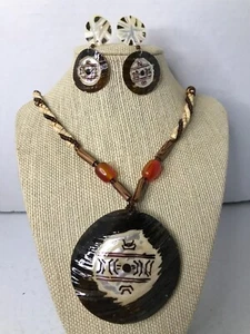 Vintage Abalone Wood Shell Statement Necklace & Earrings Tribal Style 26" - Picture 1 of 5