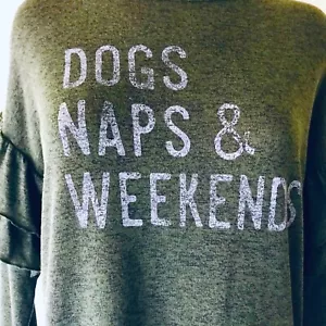 Maglione maglia nuovo con etichette xHILARATION accogliente kaki CANI NAPS & WEEKEND TOP M - Foto 1 di 8