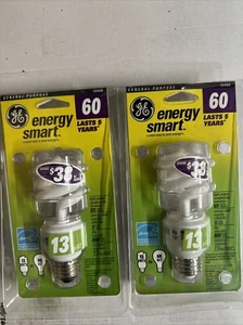 2) NEW GE Energy Smart 60 Watt (Uses Only 13 Watts) Fluorescent Light Bulbs SAVE - Picture 1 of 1