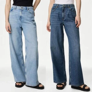 Ex M&S Ladies Slouchy Mid Rise Wide Leg Jeans Light blue Dark Indigo Denm - Picture 1 of 13