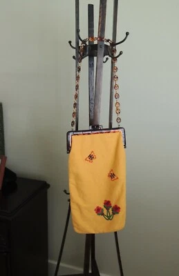 Vtg LONG FABRIC PURSE Made in WEST GERMANY Faux Tortoise Handle & Strap Unusual - Image 1 of 4
