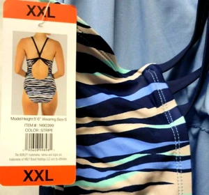 NWT Woman HURLEY One Piece SWIMSUIT Size XXL Blue and Black Striped & Straps - Picture 1 of 6